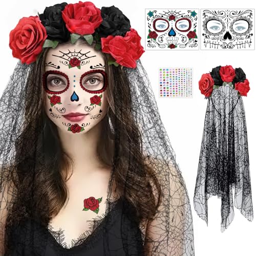 Karneval Haarreif und Schleier Gesichtstattoo, Dia de los Muertos Mexikanische Stirnband Schwarz Rot Blumen Kronen, Tag der Toten Haarschmuck, Karneval Fasching Damen Kostüm Schminke Accessoires von Stars Align