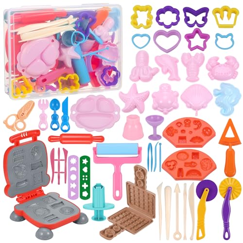 Starvortex 52 Stück Knete Zubehör, ABS Material Play Doh Zubehör Set, Knetwerkzeug für Kind, Küchenkreationen Burger Nudeln Playdoh Knetset, Knetzubehör Phantasie Anregen Geschenk mit Aufbewahrungsbox von Starvortex