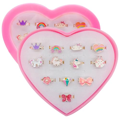 Steemjoey 12 Stück Kinderringe Mädchen, Einhorn Schmuck Verstellbare Ringe, Kinder Dress Up Ring Set mit Herzform Vitrine für Kinder Geburtstag Party Favors von Steemjoey