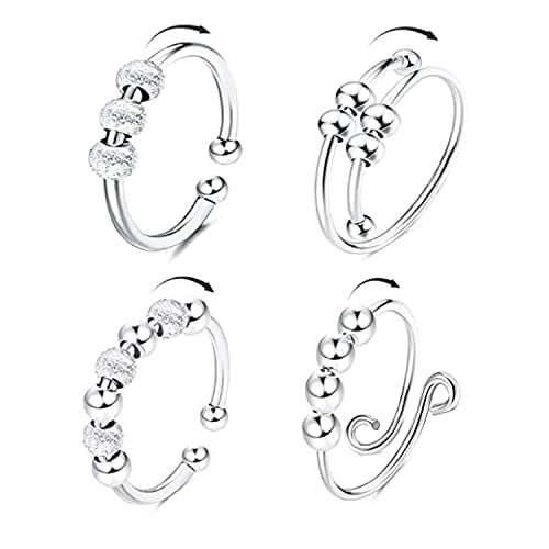 Steemjoey 4Pcs Silber Fidget Angst Ringe Set, Zappelringe Verstellbare Fingerringe, Bead Ring Offene Anxiety Ring mit Perlen, Band Ring für Damen Herren Anti Stress Ängstlichkeit Entlastung von Steemjoey