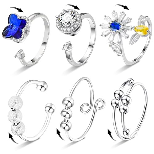 Steemjoey 6 PCS Silber Fidget Angst Ringe Set, Zappelringe Verstellbare Fingerringe, Bead Ring Offene Anxiety Ring mit Perlen, Band Ring für Damen Herren Anti Stress Ängstlichkeit Entlastung von Steemjoey