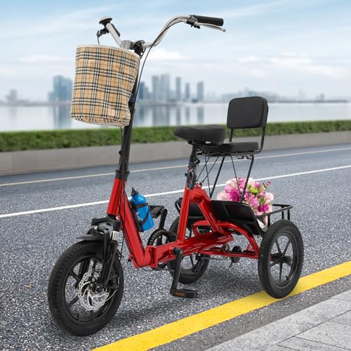 14 Zoll Dreirad Faltbar Erwachsene, Tricycle 3-Rad Dreirad mit 2 Einkaufskorb & Rücksitz+Kettle+Kettle Rack+Schloss, Dreirad für Jugendliche, Erwachsene, Senioren von Steeviuzj