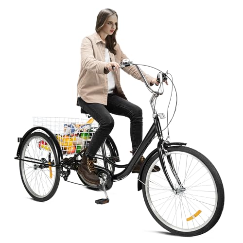 Dreirad 24" 8 Gang 3 Rad Fahrrad mit Einkaufskorb, höhenverstellbar Tricycle Fahrrad Cruiser Bikes für Senioren & Erwachsene Erwachsenendreirad bis 120KG von Steeviuzj