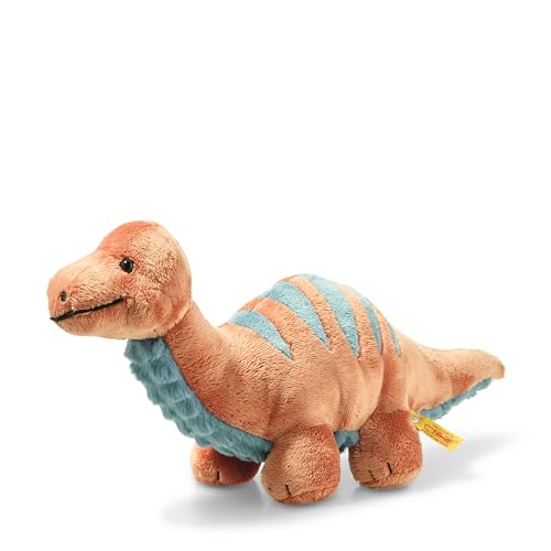 Steiff 087837 Original Plüschtier Bronko Brontosaurus, Soft Cuddly Friends Kuscheltier ca. 28 cm, Markenplüsch mit Knopf im Ohr, Schmusefreund für Babys von Geburt an, Dunkelorange und Petrol von Steiff