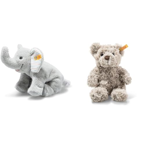 Steiff 242656 Floppy Trampili Elefant, 20cm, Gray Violet, Plüschtier liegend & Soft Cuddly Friends Honey Teddybär hellgrau 18 cm, Teddy aus flauschigem Plüsch von Steiff