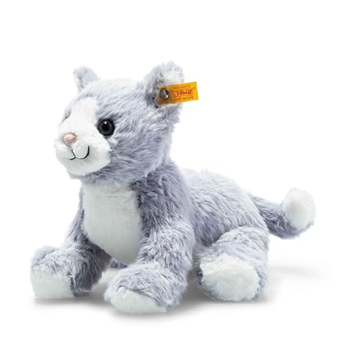 Steiff Cassie Katze eisblau-weiss 26 cm, Soft Cuddly Friends, Kuscheltier-Katze, Stofftier aus kuschelweichem Plüsch, zum Kuscheln und Spielen von Steiff