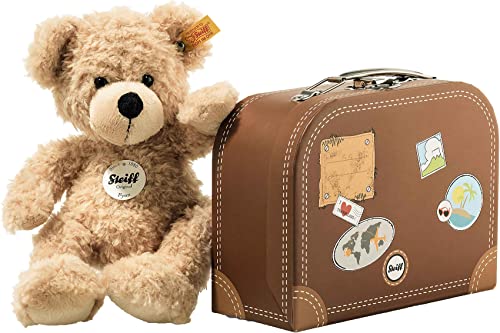 Steiff Kuscheltier Fynn Teddybär im Koffer, Süßes Stofftier mit Kunststoffaugen, Kinder, Jungen & Mädchen, Soft Cuddly Friends, Plüschtier 28 cm, Beige, 111471 von Steiff