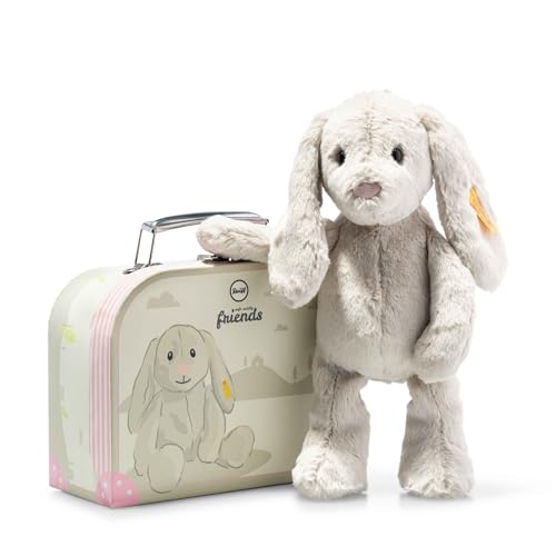 Steiff Kuscheltier Hoppie Hase im Koffer, Süßes Stofftier mit Kunststoffaugen, Kinder, Jungen & Mädchen, Soft Cuddly Friends, Plüschtier 26 cm, Hellgrau, 080968 von Steiff