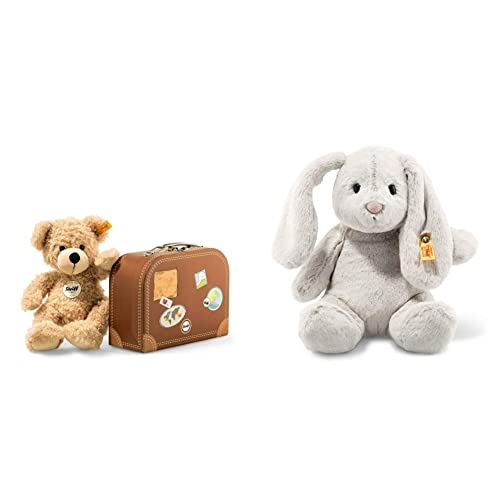 Steiff Teddybär Fynn im Koffer - 28 cm - Teddy Kuscheltier für Kinder - beweglich & waschbar - beige & Hoppie Hase - 28 cm - Plüschhase mit Schlappohren - Soft Cuddly Friends - hellgrau von Steiff