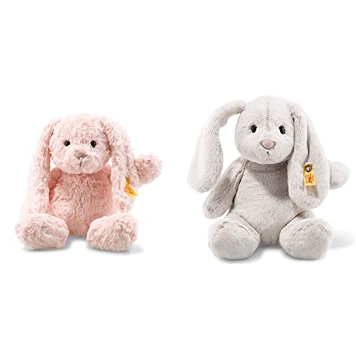 Steiff Tilda Hase - 30 cm - Plüschhase mit Schlappohren - Kuscheltier für Kinder - rosa & Hoppie Hase - 28 cm - Plüschhase mit Schlappohren - Soft Cuddly Friends - Kuscheltier für Kinder - hellgrau von Steiff