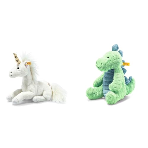 Steiff Unica Schlenker Einhorn weiß liegend 27 cm & Plüschtier Spott Stegosaurus grün-Petrol 28 cm, Kuscheltier Dinosaurier, Soft Cuddly Friends, Markenplüsch mit Knopf im Ohr, für Babys von Geburt an von Steiff