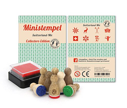 Stemplino Stempelset Switzerland - 8 Ministempel aus Holz Plus Stempelkissen, Mini Stempel Set Mix Schweiz Swiss von Stemplino