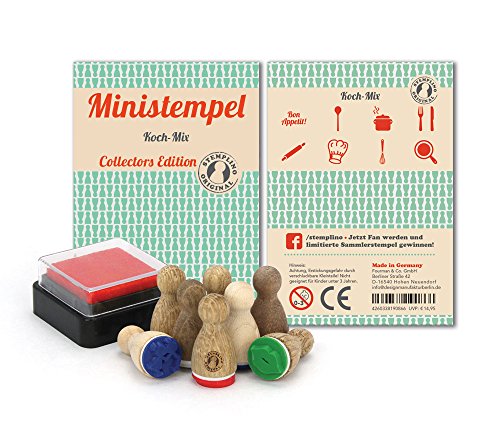 Stemplino Stempelset Koch - 8 Ministempel aus Holz plus Stempelkissen, Mini Stempel Set Mix von Stemplino