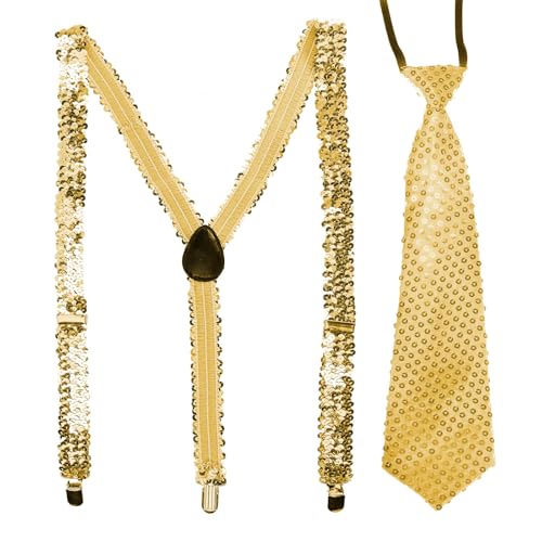 Sternfabrik Pailletten Krawatte & Hosenträger im Set Herren Damen Kinder Karneval Faschings-kostüm Glitzeroutfit Disco (Gold) von Sternfabrik