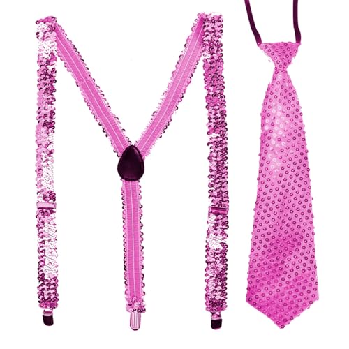 Sternfabrik Pailletten Krawatte & Hosenträger im Set Herren Damen Kinder Karneval Faschings-kostüm Glitzeroutfit Disco (Pink) von Sternfabrik