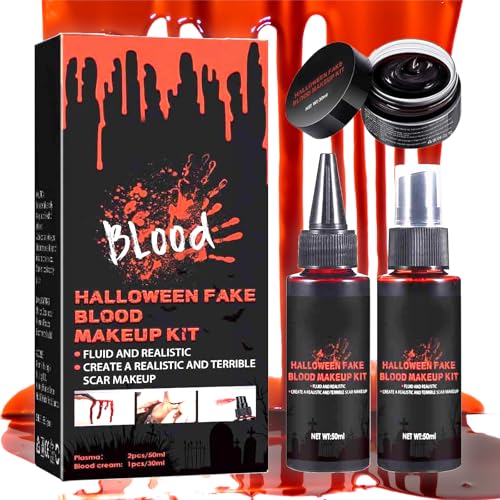 Halloween Kunstblut 3er Set, 1 Geronnenes Blutplasma ,1 Kunstblut Spray und 1 Tropfendes Fake Blood, Realistisch und Sicher Halloween Waschbar Fake Blut Make-up für Zombies,Vampire,Monster,Cosplay von Sternhell