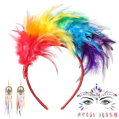 Regenbogen Haarreif, Bunte Feder Haarschmuck Haarbänder, Regenbogen Kostüm Damen, Karneval Party Kopfschmuck Haarband Hochzeit Kopfbedeckung, Papagei Kostüm Haarband Kopfschmuck Fascinator Stirnbänder von Sternhell