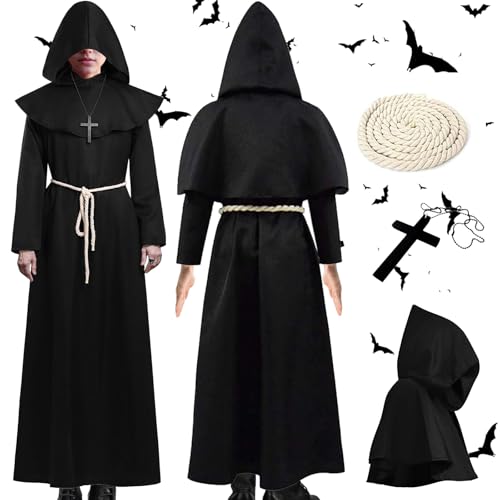 Mönch Robe Kostüm, L Mittelalterliche Renaissance Robe, Kostüm Mönch Mönchskostüm mit Kapuze und Kordel, Männer Prister Gewand Kostüm mit Kreuz für Mottoparty Halloween Cosplay Karneval und Faschin von Sternhell