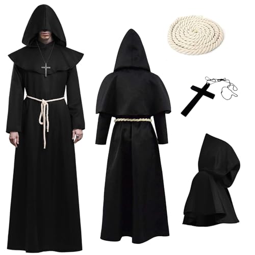 Mönch Robe Kostüm, L Mittelalterliche Renaissance Robe, Kostüm Mönch Mönchskostüm mit Kapuze und Kordel, Männer Prister Gewand Kostüm mit Kreuz für Mottoparty Halloween Cosplay Karneval und Faschin von Sternhell