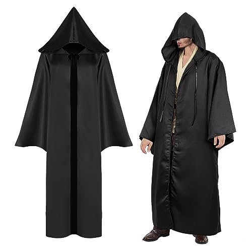 Sternstunde Mönch Robe, Mittelalter Kostüm für Erwachsene Prister Gewand Renaissance Halloween Cosplay Cape mit Tattoo-Aufkleber, Herren Umhang für Karneval Fasching Cosplay Outfit (Schwarz, L) von Sternstunde