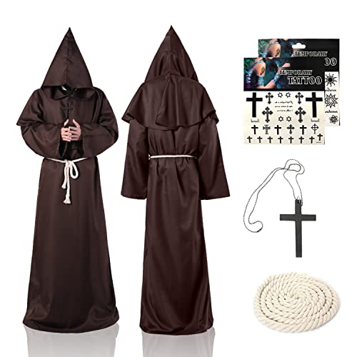 Sternstunde Mönch Robe, Mittelalter Kostüm für Erwachsene Prister Gewand Renaissance Halloween Cosplay Cape mit Tattoo-Aufkleber, Herren Umhang für Karneval Fasching Cosplay Outfit von Sternstunde