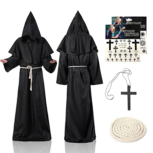 Sternstunde Mönch Robe, Mittelalter Kostüm für Erwachsene Prister Gewand Renaissance Halloween Cosplay Cape mit Tattoo-Aufkleber, Herren Umhang für Karneval Fasching Cosplay Outfit von Sternstunde