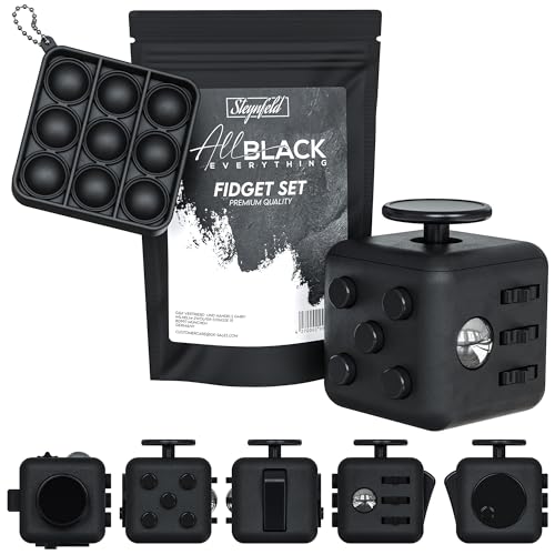 Steynfeld® - Fidget Set mit Fidget Cube inkl. gratis Fidget Popper, schwarz, Fidget Würfel, Fidget popit, ADHS Anti-Stress, Stressabbau, Anti Angst & Nervosität, Konzentrationshilfe von Steynfeld