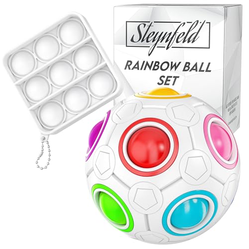 Steynfeld® - Original Regenbogenball Puzzle Set (weiß) mit Gratis Popit – Stressabbau Toy für Kinder & Erwachsene | Geschicklichkeitsspiel zur Förderung von Konzentration & Feinmotorik von Steynfeld