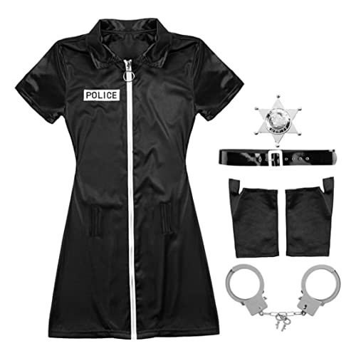 StibZeup Frauen Halloween Polizisten Kostümpolizei Uniform Körperkleid mit Abzeichengürtel und Manschettenoutfits von StibZeup