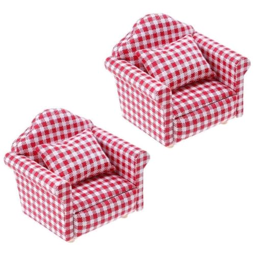 1:12 Skala DIY Dollhouse Sofa Sessel mit Kissen Mini -Puppen -Hausmöbeln Couch & Stuhl Miniatur Holzmöbel Handgemachte Handwerksmittel rot Karierte Puppenhaus Spielzeugpuppe rot 2 PC Fashion von Stibzeup