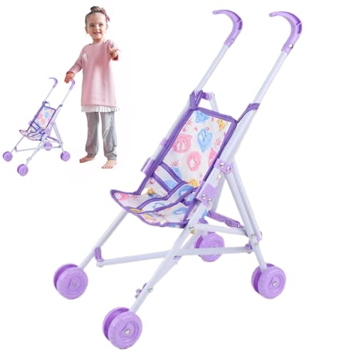 Babypuppenwagen Falten Sie tragbarer Puppenwagen mit T-förmiger Sicherheitsgürtel und Push-Griff abnehmbar, waschbarer Babypuppenwagen für Mädchen, so tun, als Spiel, lila, lila, von Stibzeup