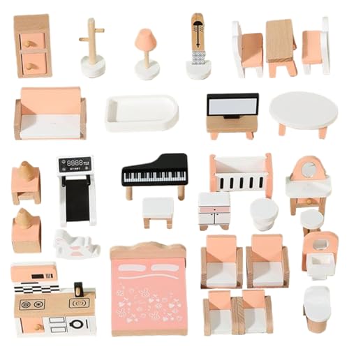 Holzpuppenhausmöbel Set, 34 PCs Dollhouse Miniatur MULATIONAL Dollhouse Accessoires tun Spielen Spielzeug für Kinder, Jungen, Mädchen im Alter von 3+ von Stibzeup