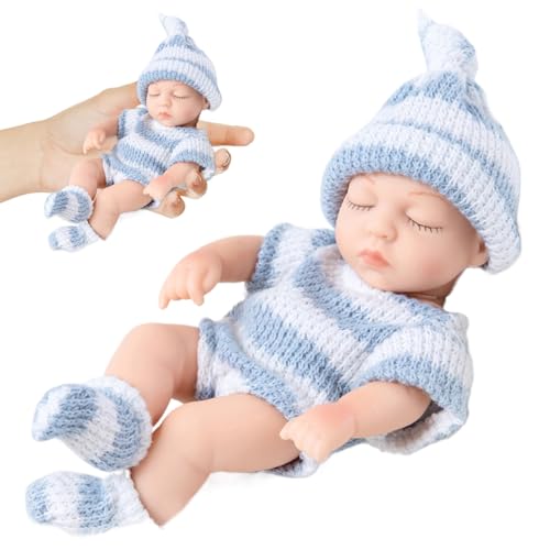 Mini Silicon Babypuppen, 7 Zoll realistische Neugeborenenbabypuppen, weiches Ganzkörper Silikon -Baby mit Kleidung, Silikonbabys für Kindergeschenke, Blauer Stil von Stibzeup