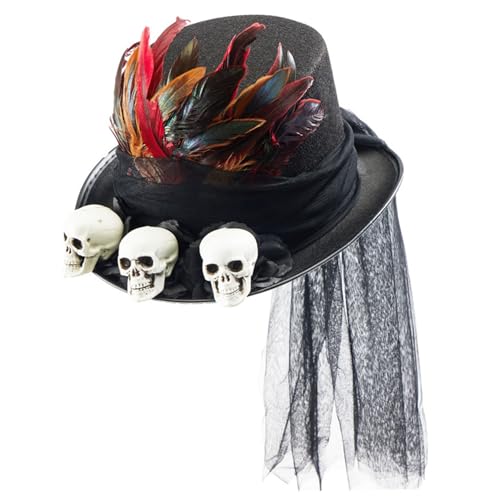 Steampunk Hat Grusooky Halloween Top-Hut mit Federn, schwarzem Netz und 3 Schädel Kopf Kopfstück von Stibzeup