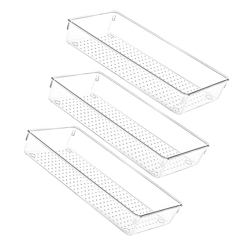 Stibzeup 3pcs klarer Kunststoffschubladen Organizer 11,8x5.9x2 Zoll Kunststoffschubladen Organisator Nicht-Schlupfküchenschubladen Organizer für Platten- und Utensilienkosmetikschmuck von Stibzeup