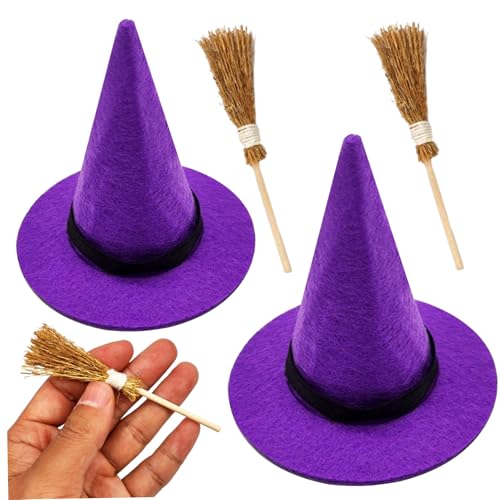 Stibzeup 4PCS/Set Hexenhut und Hexenbesen, Filztuch Mini Hexenhüte, DIY Halloween -Handwerksvorräte für Halloween, Weihnachten, Puppenhausdekorationen, Lila von Stibzeup