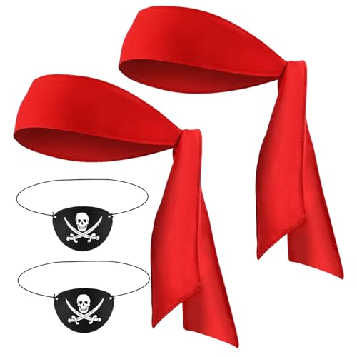 Stibzeup Halloween Decorations 4PCS Pirate -Kostüm umfasst 2pcs 39x2 Piratenbandana und 2pcs Schädel Pirate Eye Patch, lustige Piratenzubehör für Halloween Masquerade Cosplay Party von Stibzeup