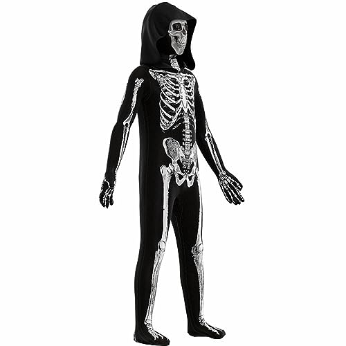 Stibzeup Halloween-Dekorationen Halloween Skeleton Kostüm für Kinder Kapuze mit langärmeligem Skelett Jumpsuit Polyester Weichsschädel Druck gruseliger Halloween-Kostüme für 51.2-55.1 in Höhe von Stibzeup