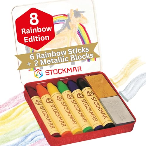 STOCKMAR - Wachsmalstifte | Wachsmalstifte mit natürlichem Bienenwachs, Regenbogen Edition | Inhalt: 6xWachsmalstifte (8x7x2cm), 2xWachsmalblöcke (4,1x2,3x1,2cm) inkl. Schaber im Blechetui von Stockmar