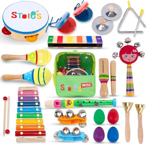 Stoie's Musikinstrumente Kinder ab 3 Jahre 26-teiliges Montessori Instrumente Kinder Rasseleier Baby Klanghölzer Musikspielzeug Trommel Musik Instrumenten von Stoie's