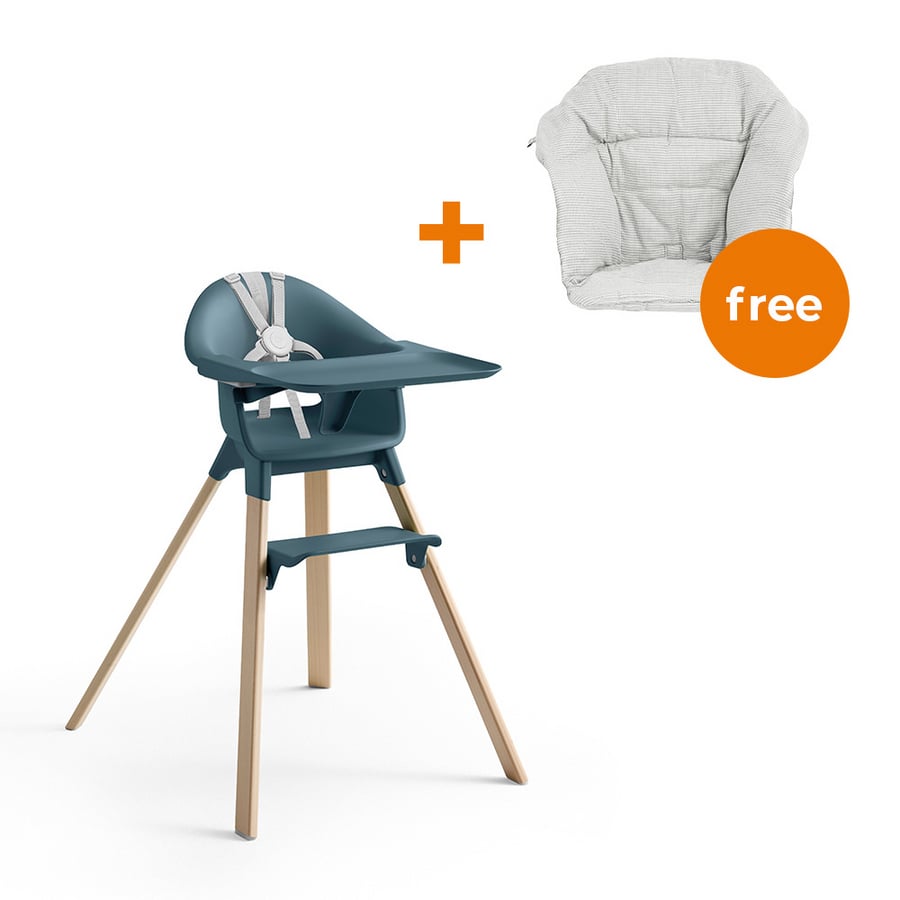 STOKKE® CLIKK™ Hochstuhl Fjord Blue + gratis Sitzkissen Nordic Grey von Stokke