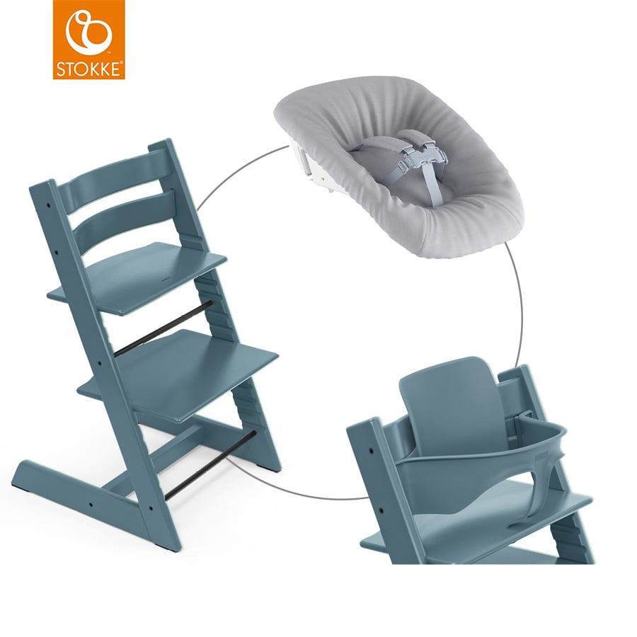 STOKKE® Mega Tripp Trapp® Set Hochstuhl Buche Fjord Blue inkl. Newborn Set™ Grey und Baby Set V2 Fjord Blue von Stokke