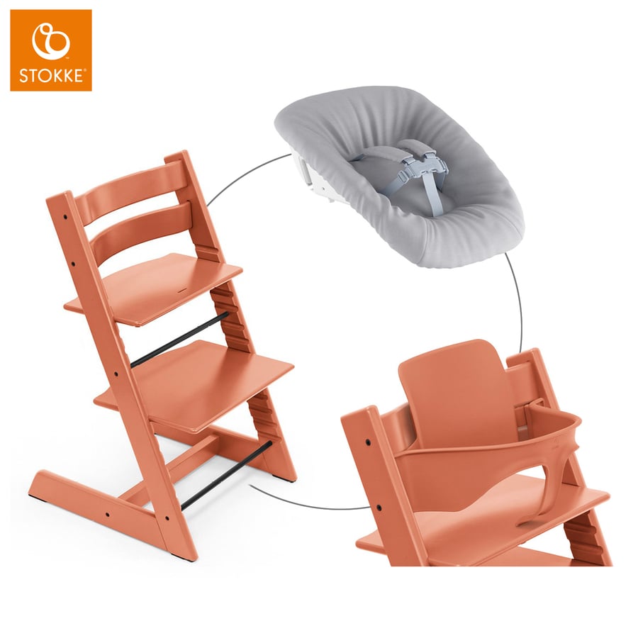 STOKKE® Mega Tripp Trapp® Set Hochstuhl Buche Terracotta inkl. Newborn Set™ Grey und Baby Set Terracotta von Stokke