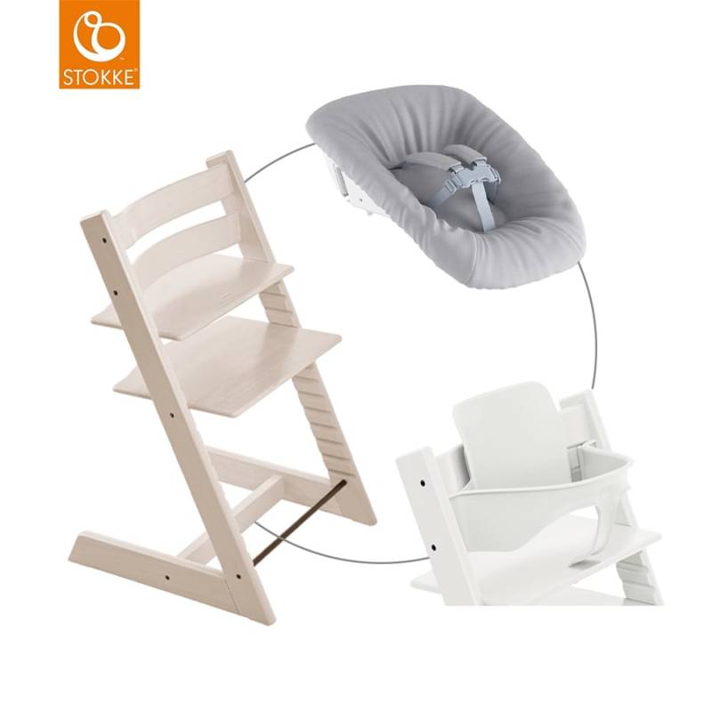 STOKKE® Mega Tripp Trapp® Set Hochstuhl Buche Whitewash inkl. Newborn Set™ Grey und Baby Set V2 weiß von Stokke