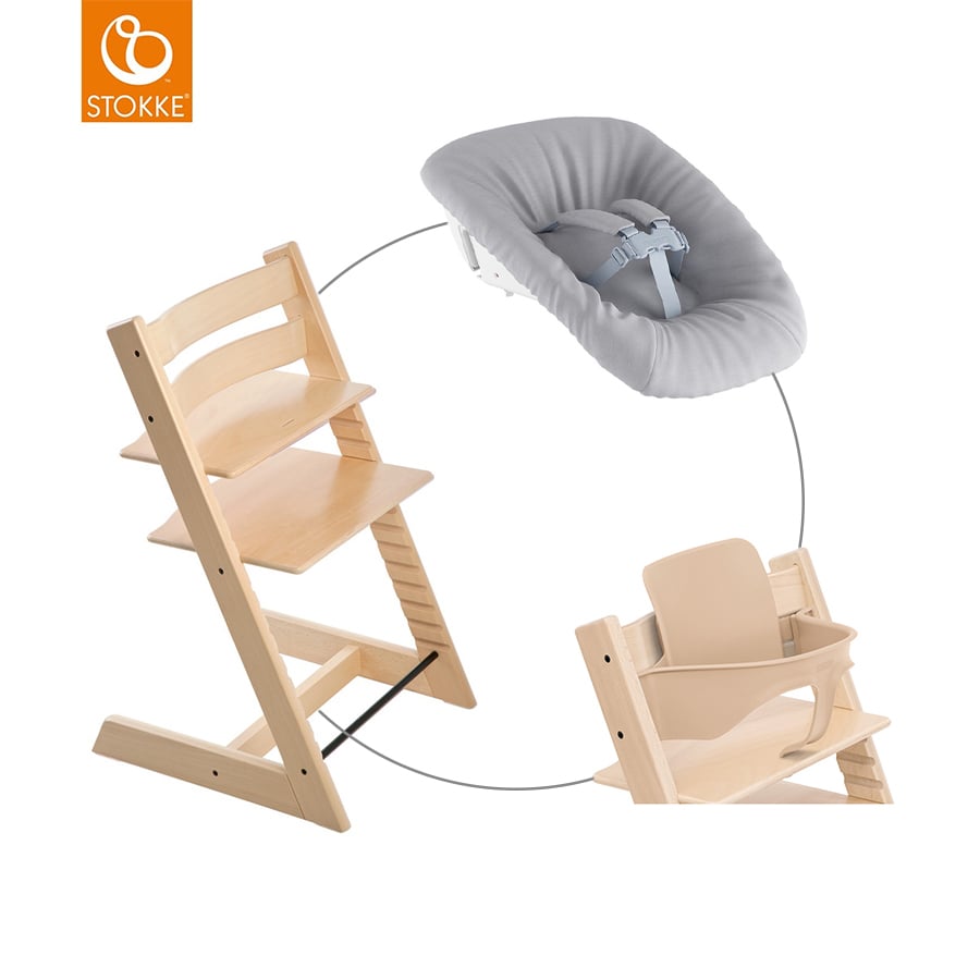 STOKKE® Mega Tripp Trapp® Set Hochstuhl Buche natur inkl. Newborn Set™ Grey und Baby Set V2 natur von Stokke