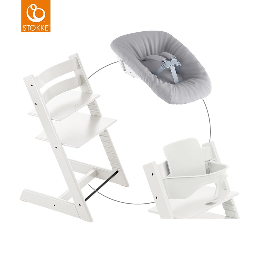 STOKKE® Mega Tripp Trapp® Set Hochstuhl Buche weiß inkl. Newborn Set™ Grey und Baby Set V2 weiß von Stokke