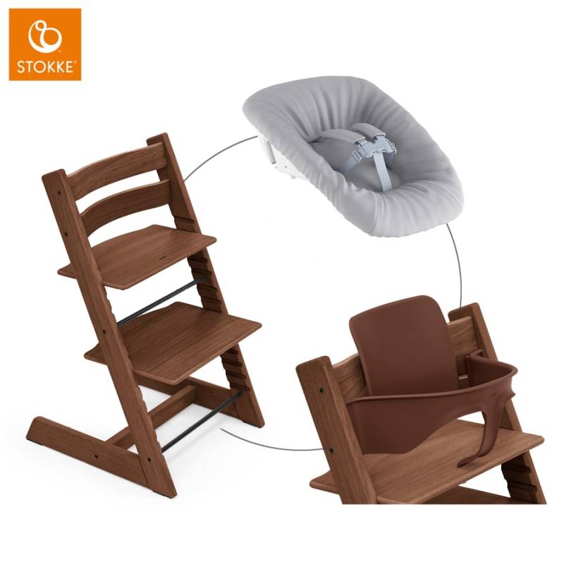 STOKKE® Mega Tripp Trapp® Set Hochstuhl Oak Warm Brown inkl. Newborn Set™ Grey und Baby Set V2 Warm Brown von Stokke