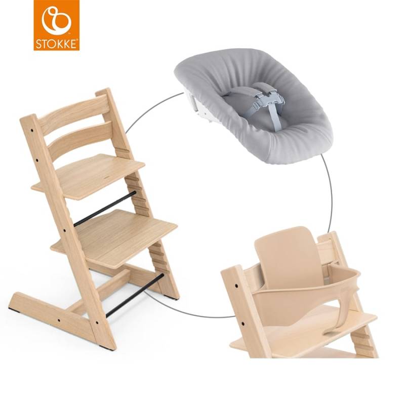 STOKKE® Mega Tripp Trapp® Set Hochstuhl Oak natur inkl. Newborn Set™ Grey und Baby Set V2 natur von Stokke