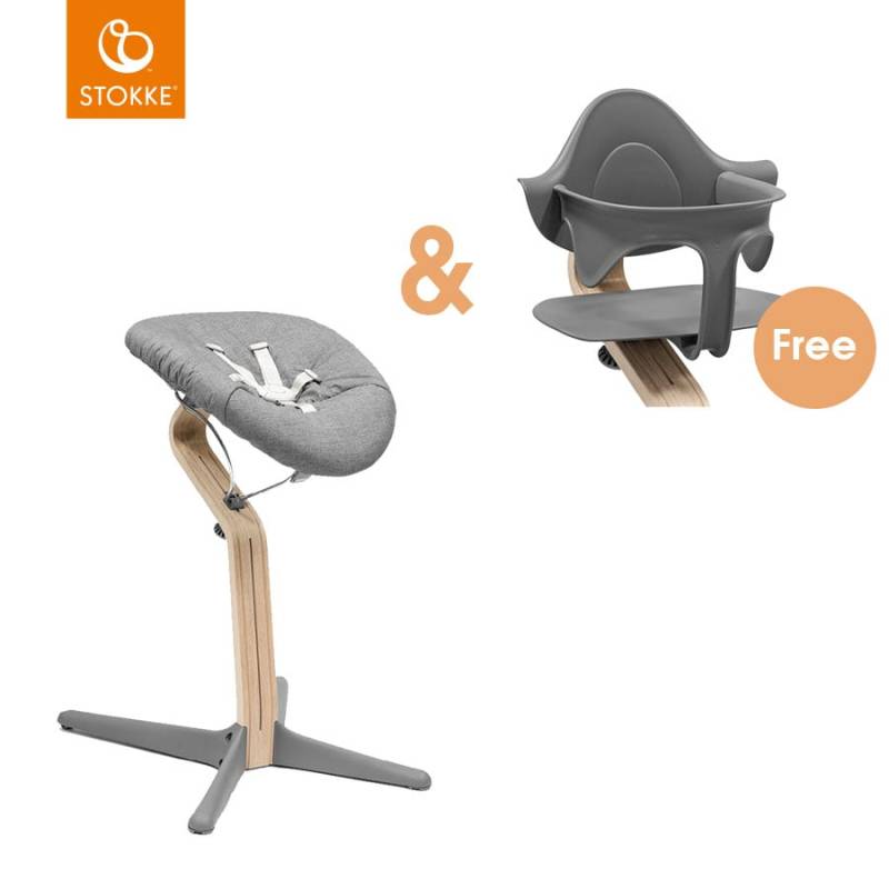 STOKKE® Nomi® Hochstuhl Buche natur / grau inkl. Newborn Set grau / grau sand + gratis Baby Set grau von Stokke