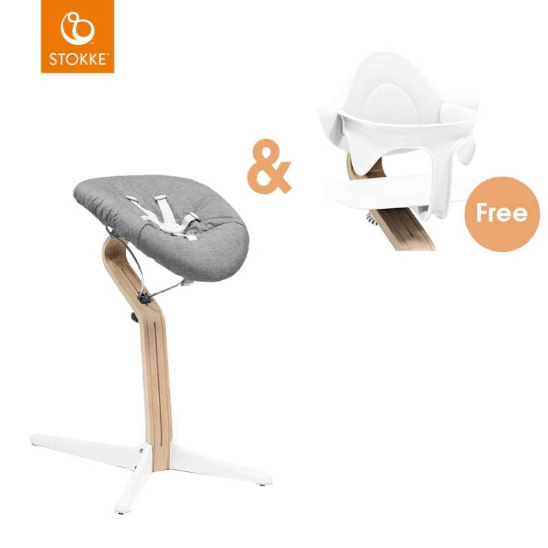 STOKKE® Nomi® Hochstuhl Buche natur / weiß inkl. Newborn Set weiß / grau sand + gratis Baby Set weiß von Stokke